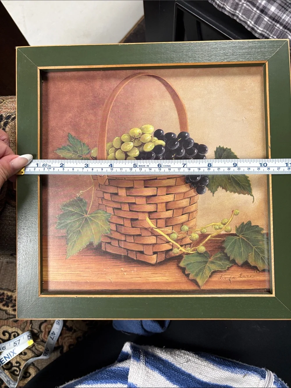 Framed Green-Bordered Basket of Grapes Wall Art signed